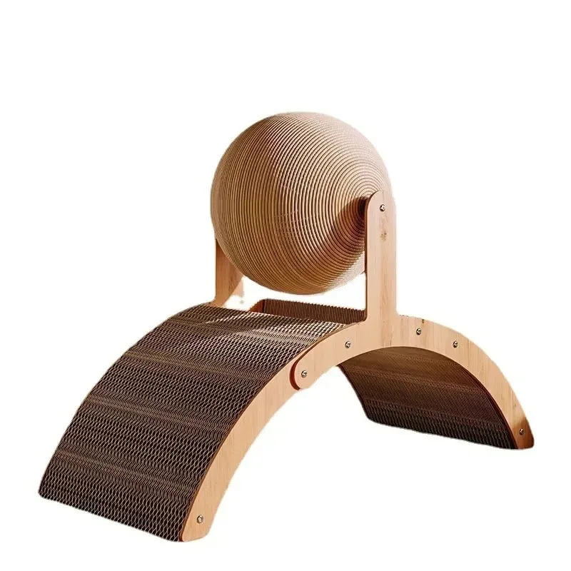 2-in-1 Katzen-Kratzball aus Holz mit Natur-Sisal-Kratzbrett und Kratzsäule - verschleißfester