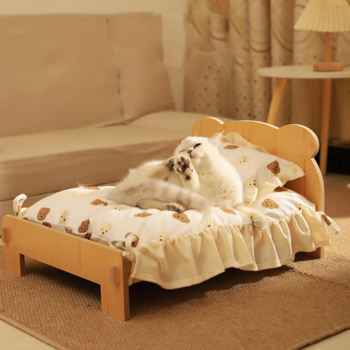 Katzenbett aus Holz, Katzen- und Hundebett mit Teddybärenmuster – Bild 3