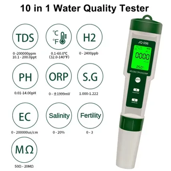 10-in-1-Wasserqualitätsmonitor PH/EC/TDS/ORP/H2/Fruchtbarkeit/Salzgehalt/S.G/Widerstand/Temp