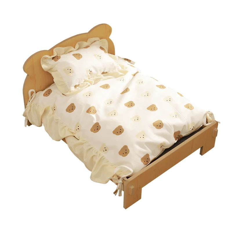 Katzenbett aus Holz, Katzen- und Hundebett mit Teddybärenmuster, Haustiermöbel für den Innenbereich, vom Boden