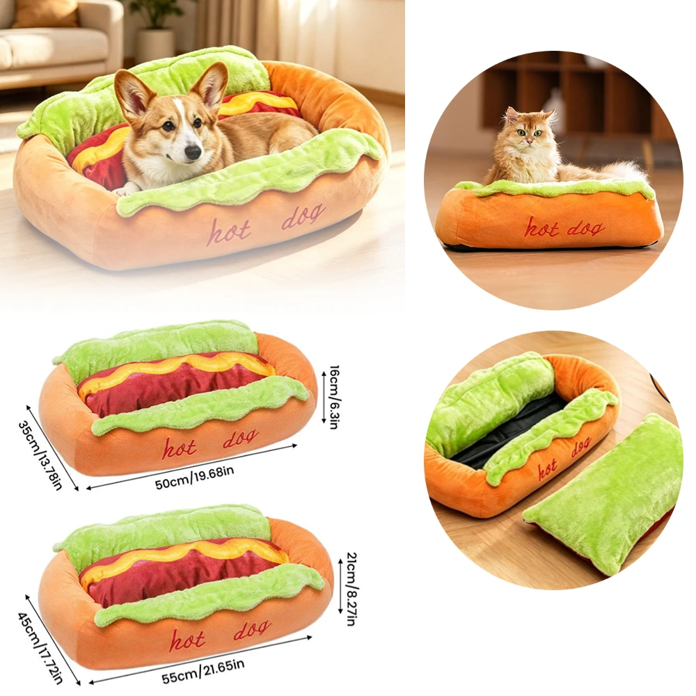 Haustierbett in Hot-Dog-Form, Hundeliege, Katzenschlafkissen, Weiche Faser, Warmes Welpenhaus, Abnehmbare