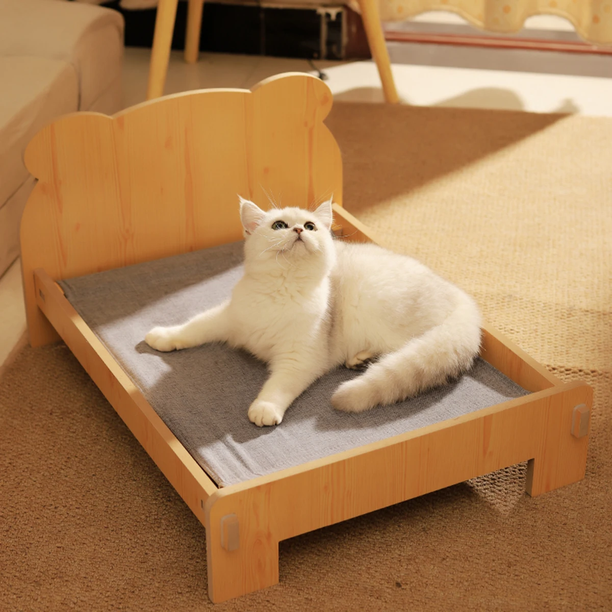 Katzenbett aus Holz, Katzen- und Hundebett mit Teddybärenmuster – Bild 5