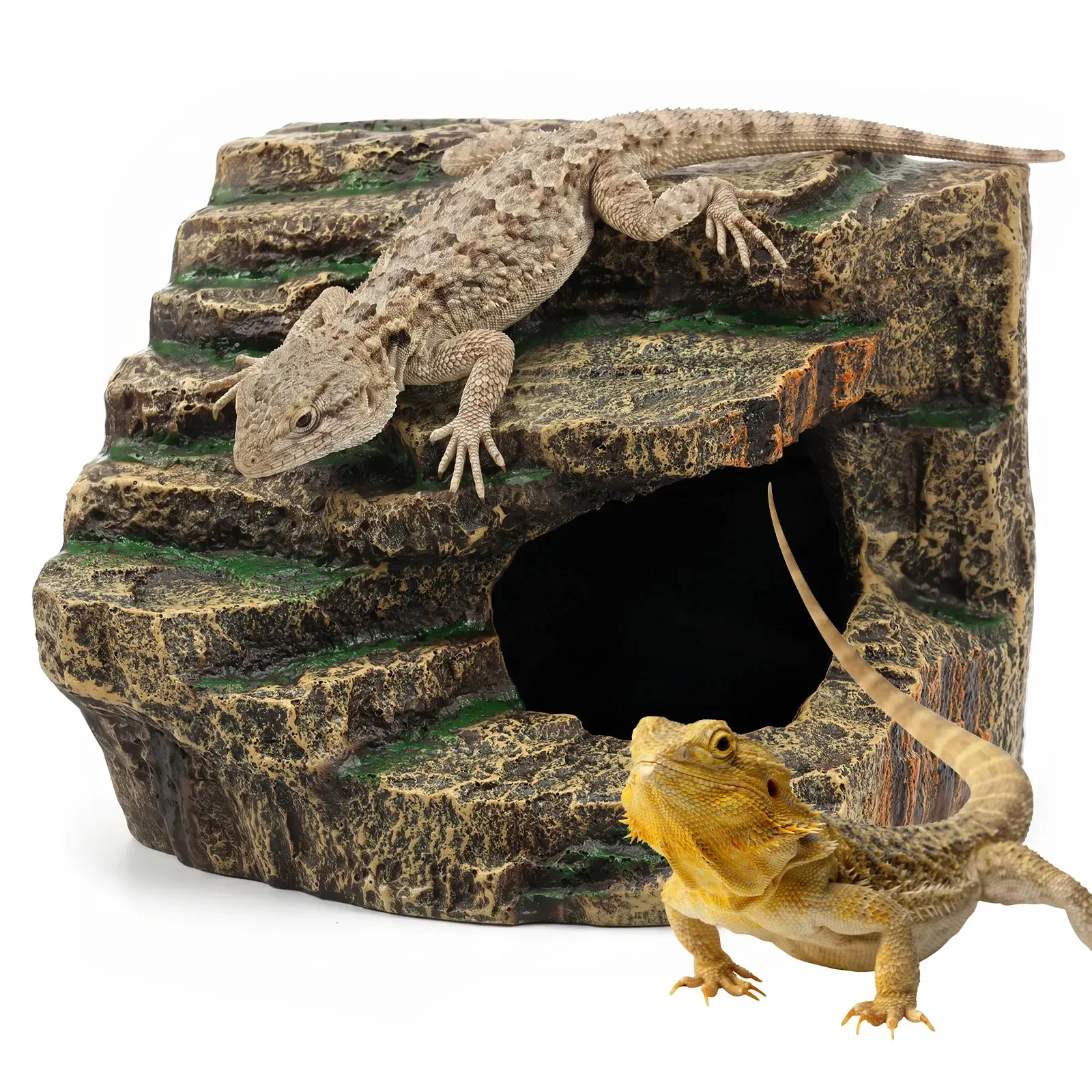 Reptilien-Versteckhöhle, dekorativer Felsen, Sonnenplattform, Harz-Ornament für Aquarien und Terrarien