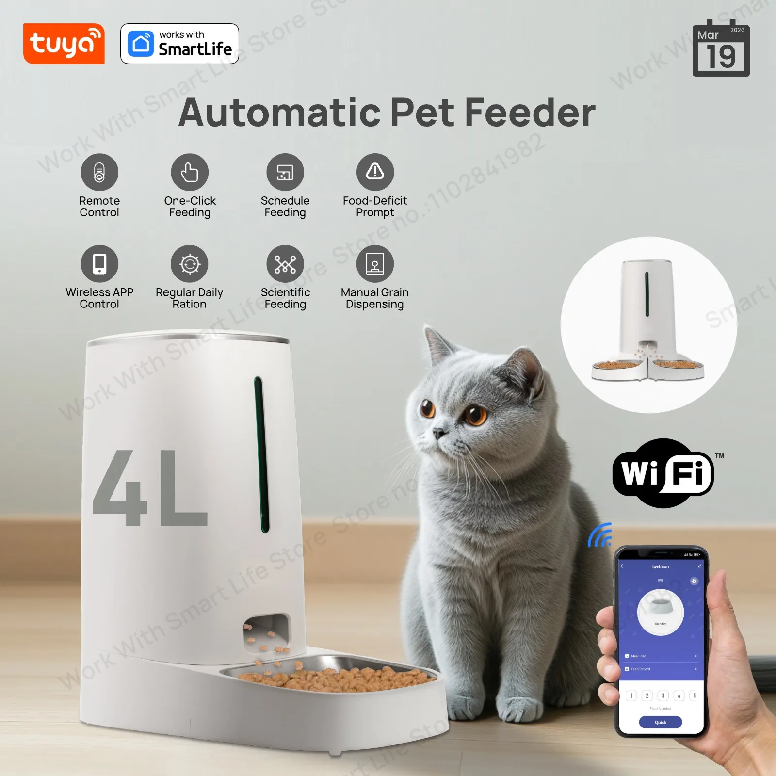 Automatischer 4-Liter-Futterspender für 1/2 Katzen, automatischer Futterspender für WiFi-Smart-Feeder