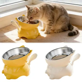 Erhöhter Edelstahl-Katzenfutternapf, Geneigte Futter- und Wasserschale mit Niedlichem Ohrenständer