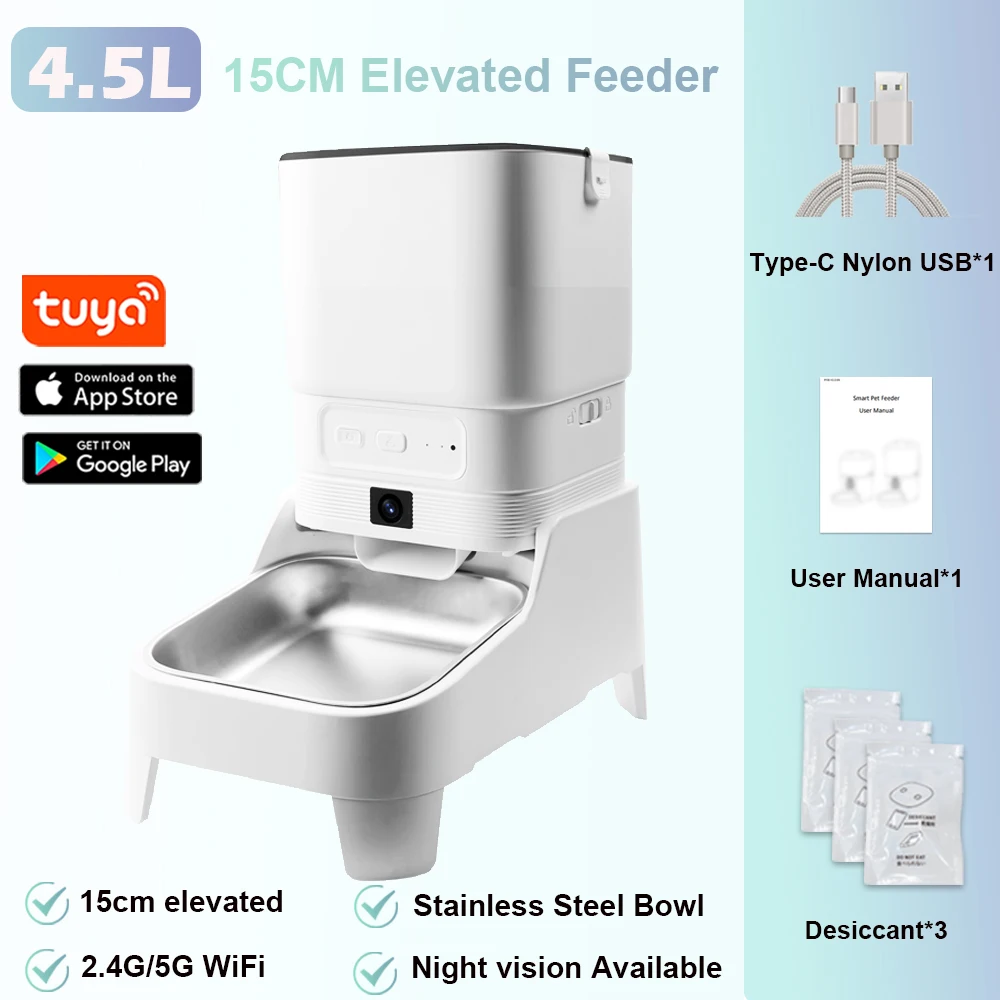 Intelligenter automatischer Futterspender für Haustiere mit 1080P HD-Kamera, 15 cm erhöht, 5G WiFi, Tuya APP