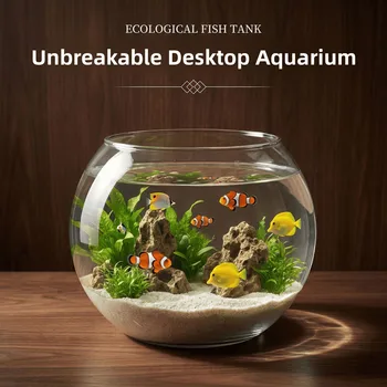 Glasähnliches Rundes Fischbecken Ökologisches Aquarium für Schreibtisch und Wohnzimmer Hochtransparentes