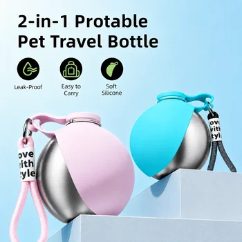 10oz Edelstahl-Reisewasserflasche für Haustiere mit faltbarem Napf, auslaufsicherer tragbarer