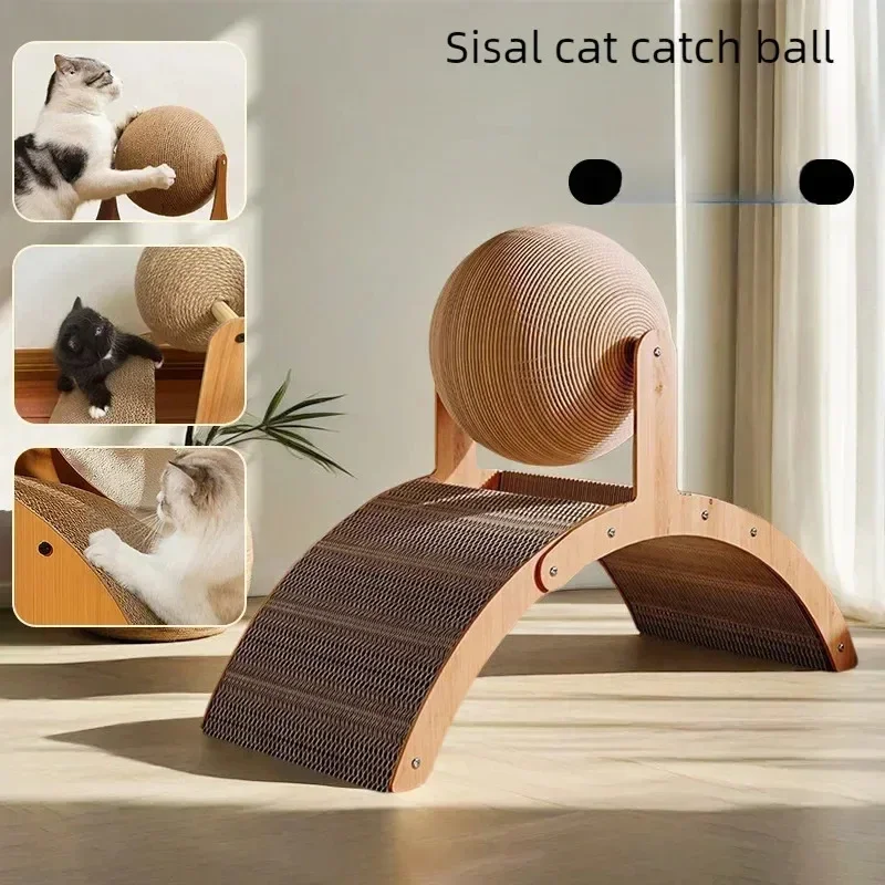 2-in-1 Katzen-Kratzball aus Holz mit Natur-Sisal-Kratzbrett – Bild 4