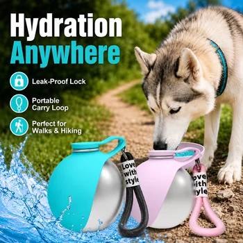 2-in-1 Hunde-Wasserflasche 285ml Edelstahl Tragbarer Wasserspender mit Abnehmbarer Silikon-Schüssel