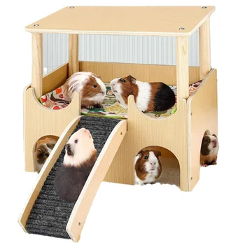 Meerschweinchenhaus aus Holz | 2-stufiges Kleintierversteck mit Treppe | Schnelle Montage