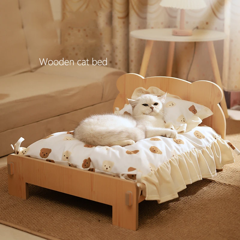 Katzenbett aus Holz, Katzen- und Hundebett mit Teddybärenmuster, Haustiermöbel für den Innenbereich, vom Boden