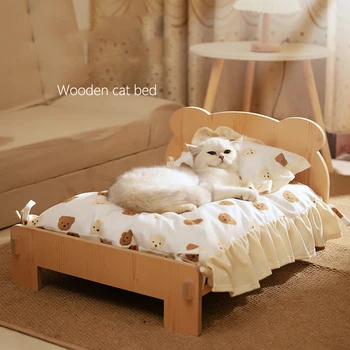 Katzenbett aus Holz, Katzen- und Hundebett mit Teddybärenmuster, Haustiermöbel für den Innenbereich, vom Boden
