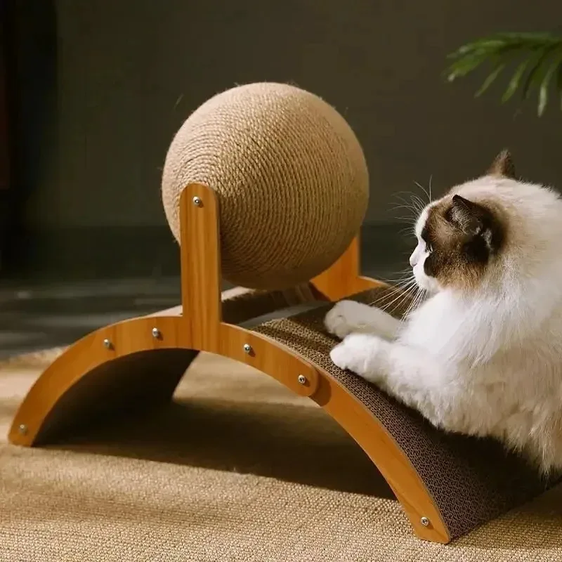 2-in-1 Katzen-Kratzball aus Holz mit Natur-Sisal-Kratzbrett und Kratzsäule - verschleißfester