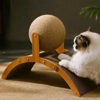 2-in-1 Katzen-Kratzball aus Holz mit Natur-Sisal-Kratzbrett und Kratzsäule - verschleißfester