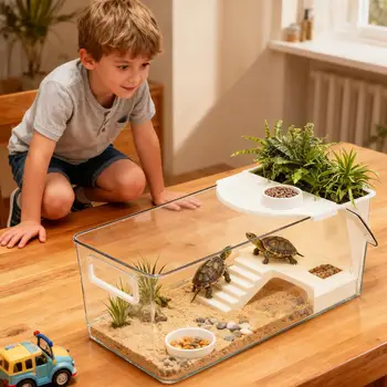 Großes Terrarium für Schildkröten mit Sonnungsplatte, Klarer und Flacher Wasserbereich, Atmungsaktiv