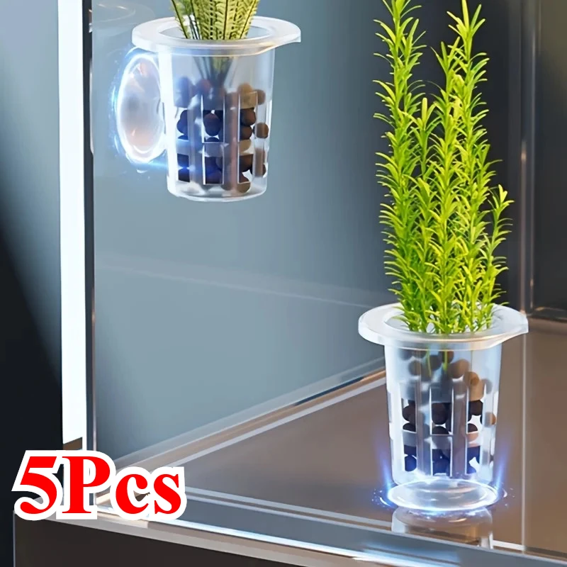 Transparente Kunststoff-Aquarium-Pflanzbecher mit Saugfuß - Wassergras-Wachstumsbehälter für die (5 Stück)