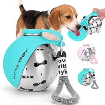 Tragbare Hundewasserflasche aus Edelstahl Reise-Katzenwasserspender mit Schüssel Auslaufsichere