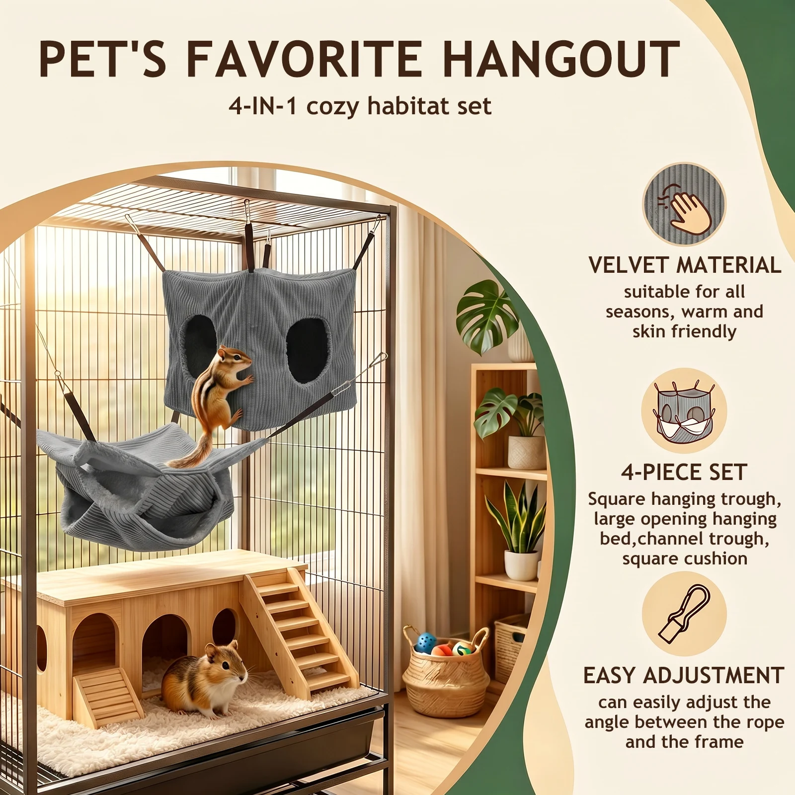 4er-Pack Hamster-Hängematte-Set Meerschweinchen-Hängebett mit Haken – Bild 5