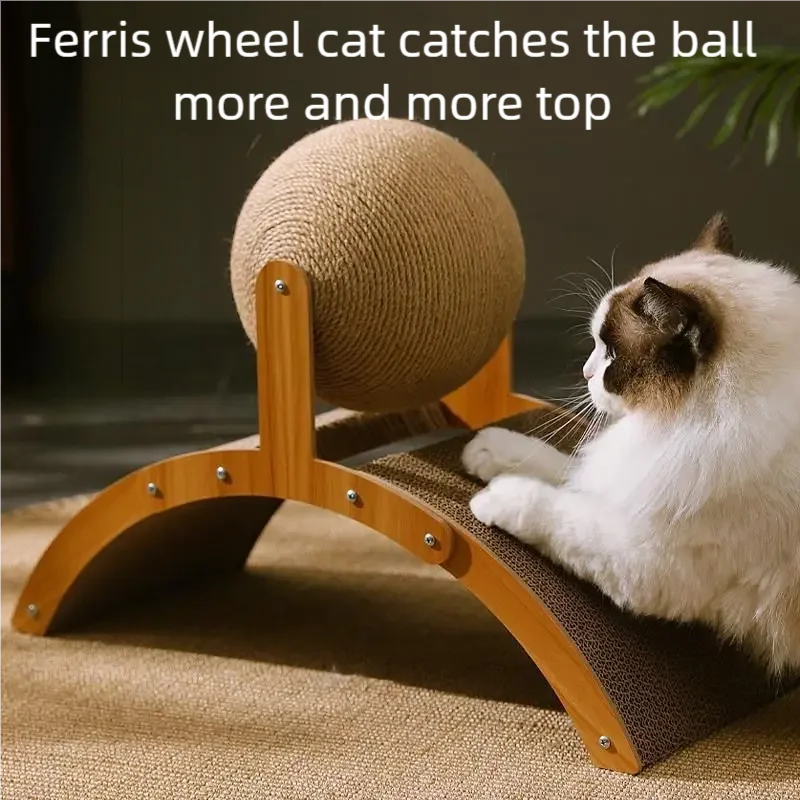 2-in-1 Katzenkratzball aus Holz, Sisal-Kratzbrett, langlebiges Kratzspielzeug aus Massivholz für Katzen