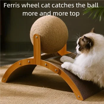 2-in-1 Katzenkratzball aus Holz, Sisal-Kratzbrett, langlebiges Kratzspielzeug aus Massivholz für Katzen