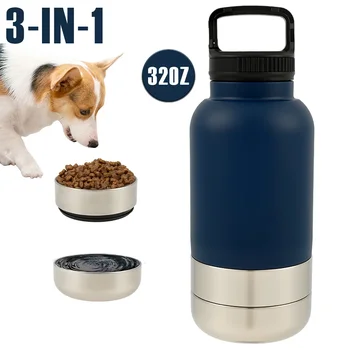 3-in-1 Hunde-Wasserflasche 32oz Edelstahl Hundetrinkflasche mit 2 Abnehmbaren Schüsseln Tragbarer