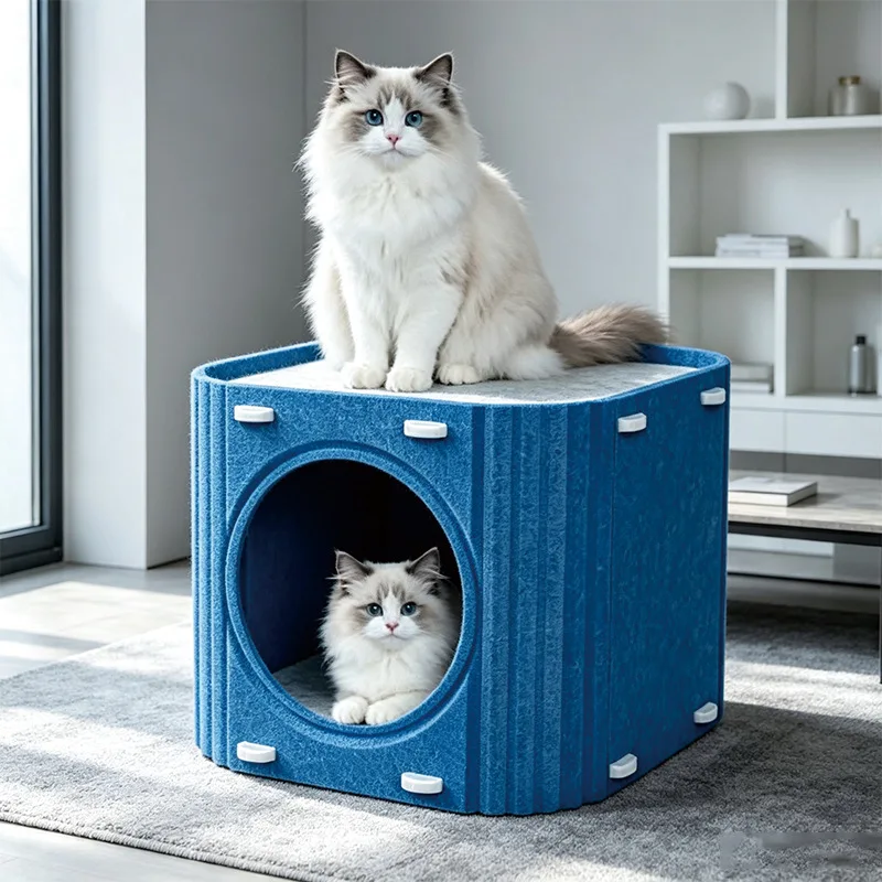 Katzenbett, Katzenhaus aus Filz, zweilagige Katzenhöhle, waschbares, quadratisches Schlaf- und Versteckbett