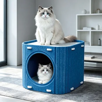Katzenbett, Katzenhaus aus Filz, zweilagige Katzenhöhle, waschbares, quadratisches Schlaf- und Versteckbett