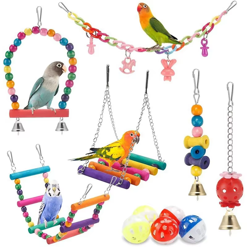Vogelkäfig-Spielzeug für Papageien, Holzvögel, Schaukel, zuverlässig, kaubar, Beißbrücke, Holzperlen, Form