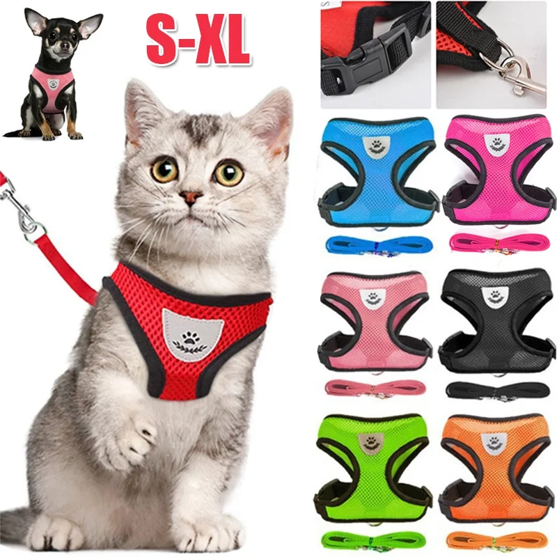 Katzen-Hundegeschirr mit Leine, verstellbare Weste, Polyester-Mesh, atmungsaktive Geschirre, reflektierende