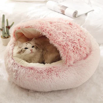 Katzenbett, Haustiermatratze, warmes, weiches Plüsch-Haustierbett mit Bezug, rund, für Katzen, Hunde