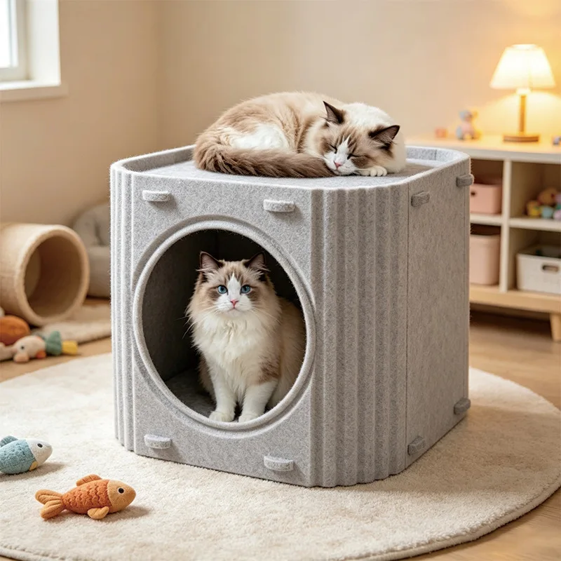 Katzenbett, Katzenhaus aus Filz, zweilagige Katzenhöhle, waschbares, quadratisches Schlaf- und Versteckbett