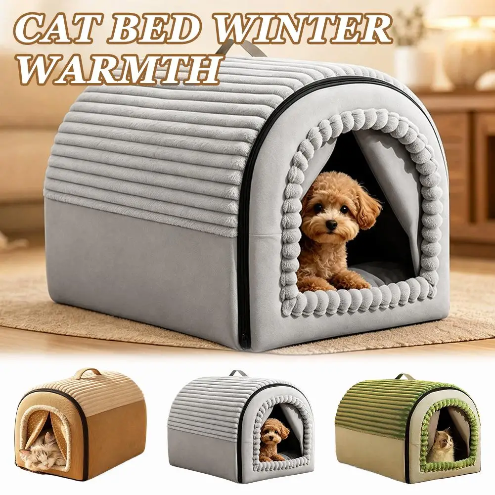 Winterwarmes, geschlossenes Katzenbett, Hüttenhaus, weiches Plüsch-Cord-Nest für kleine Hunde und Kätzchen