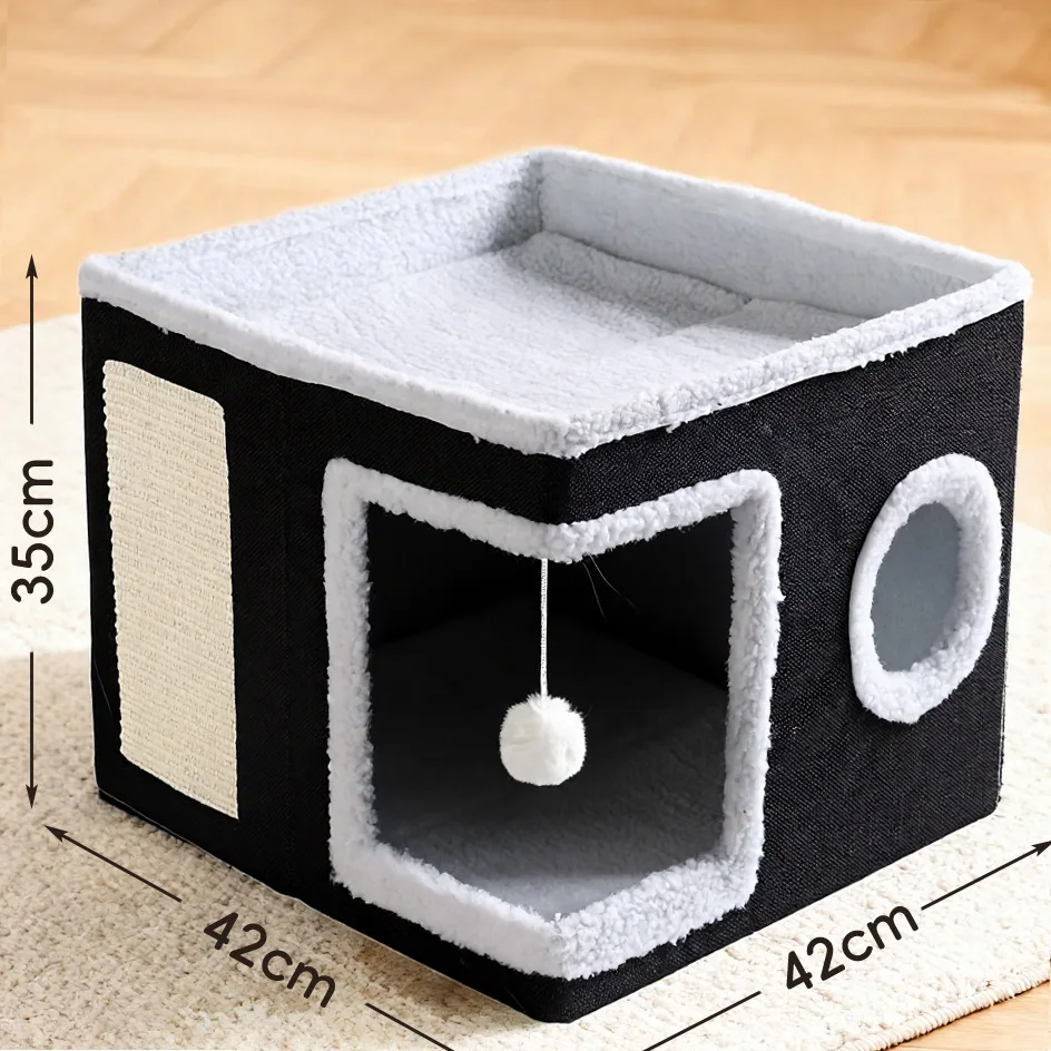Katzenbetten für Hauskatzen, große Katzenhöhle, Katzenhaus mit flauschigem Ball, hängendem Kratzpad, faltbare