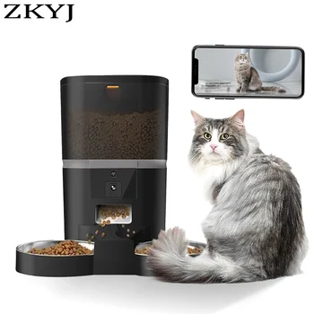 Automatischer Doppelmahlzeiten-Katzenfutterautomat, Futterautomat mit Video, Tuya WIFI Automatischer