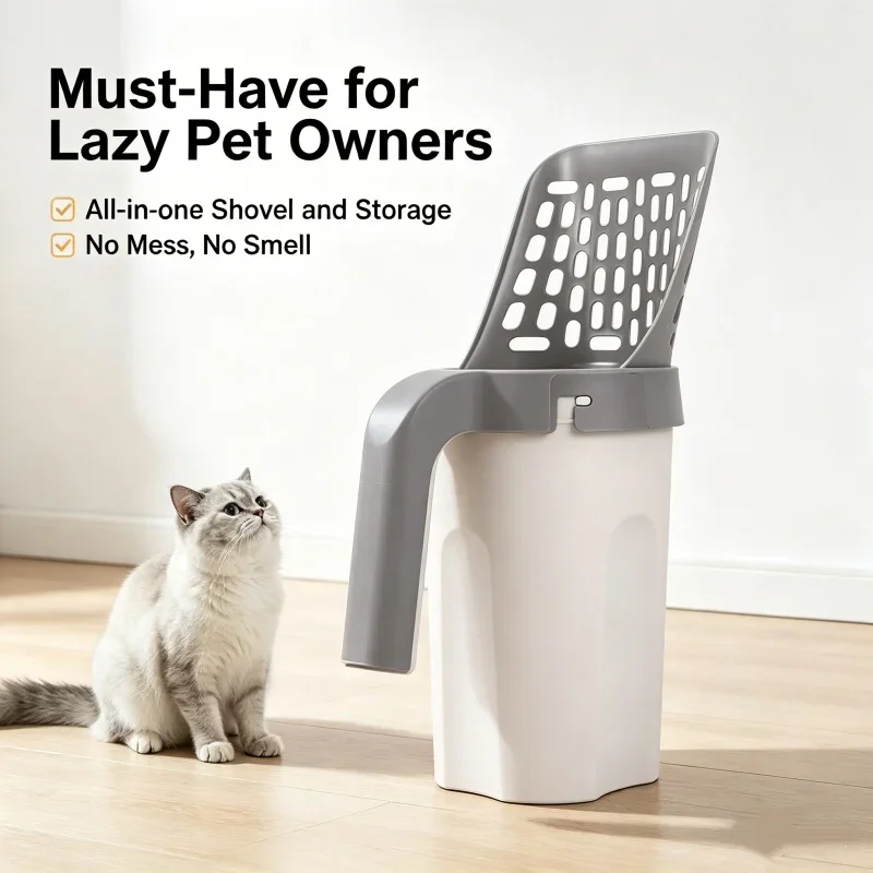 Einteilige Katzenstreuschaufel All-in-One Abnehmbare Katzenkot-Schaufel mit Integrierter Müllbeutelbox