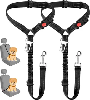Hunde-Sicherheitsgurt fürs Auto, Verstellbarer Hunde-Autogurt mit Elastischem Puffer, 2-in-1 Haustierleine