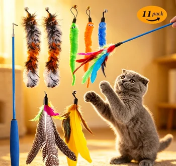Ersatz-Katzenfeder-Spielzeugset Federersatzkopf Einziehbarer Katzenstab Katzenprodukte (11 Stück)