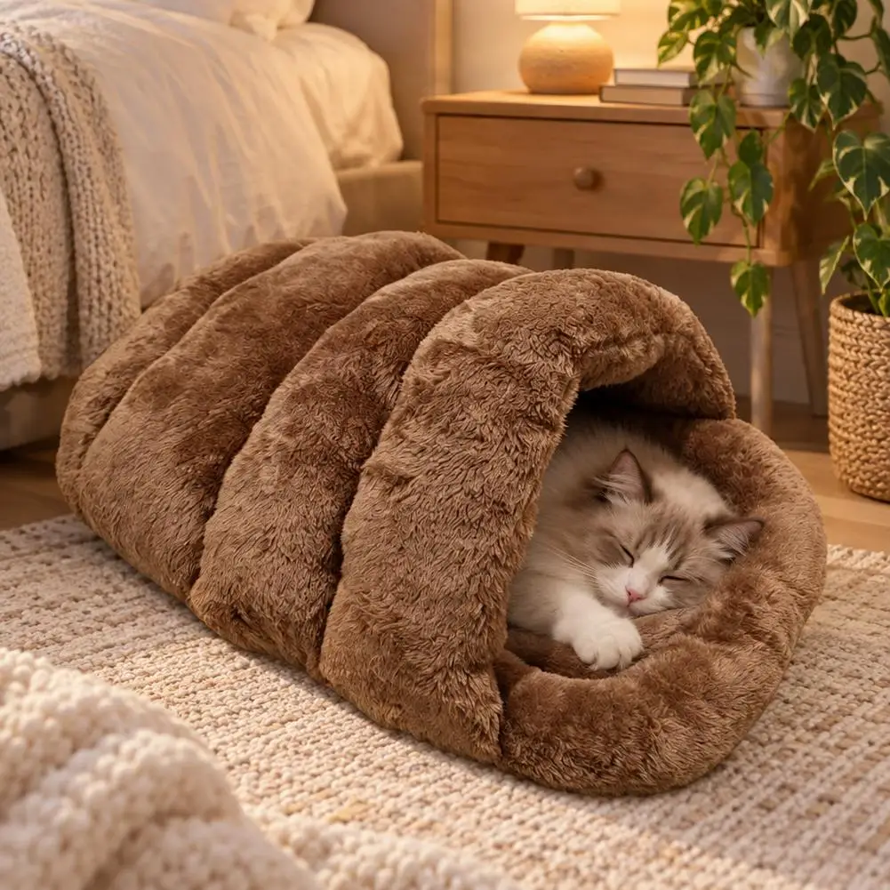 Plüsch-Haustierhöhle, Hausschuh-förmiges Katzenbett, warmer Tunnel, Schlafnest, weiche Innenkissenmatte