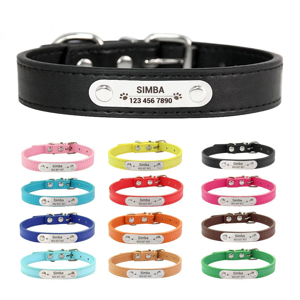 Personalisiertes Hundehalsband mit Namen, geschnitzter Ausweis, Anti-Verlust, solides PU-Lederhalsband