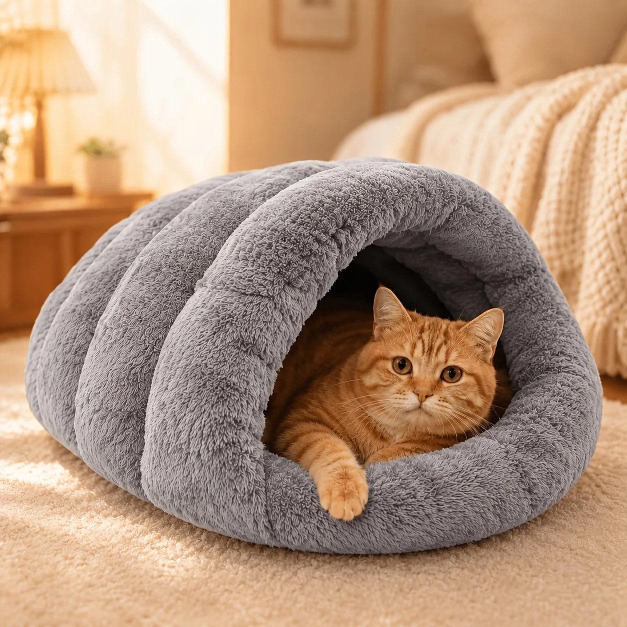 Weiches, halbgeschlossenes Katzenbett aus Plüsch, warmes Haustierhaus – Bild 5