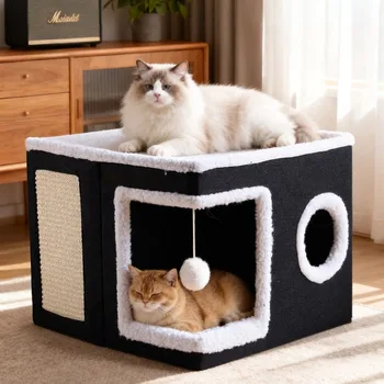Katzenbetten für Hauskatzen, große Katzenhöhle, Katzenhaus mit flauschigem Ball, hängendem Kratzpad, faltbare