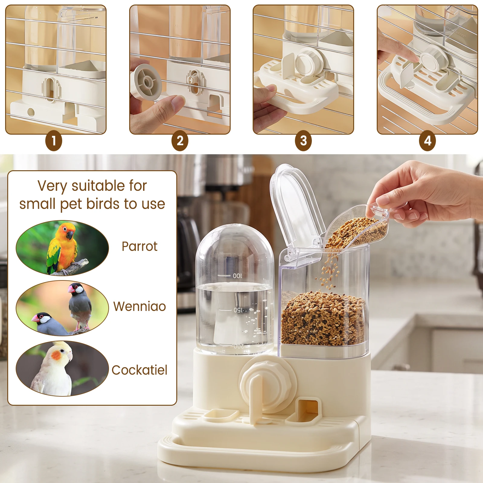 2-in-1 Vogelfutter- und Wasserspender, Hängender Tierfutterspender – Bild 6